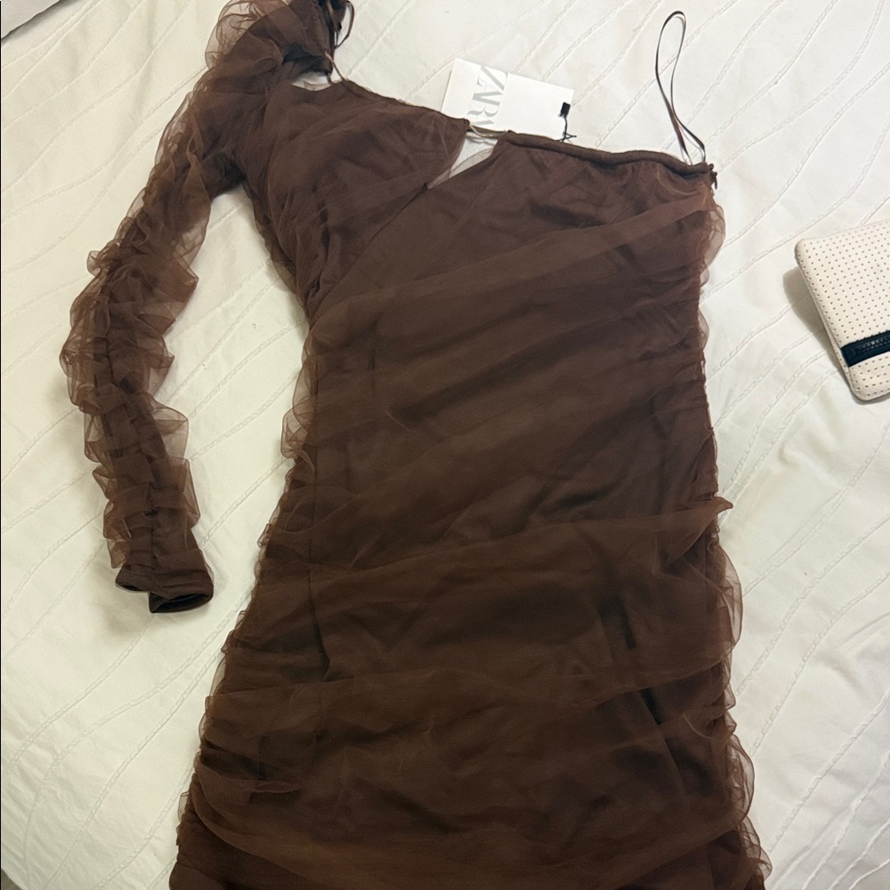 Zara One-Shoulder Brown Dress